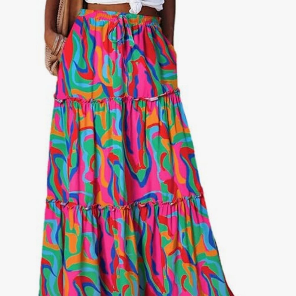 Casual High Waist Tie Tiered Maxi Skirt with pockets